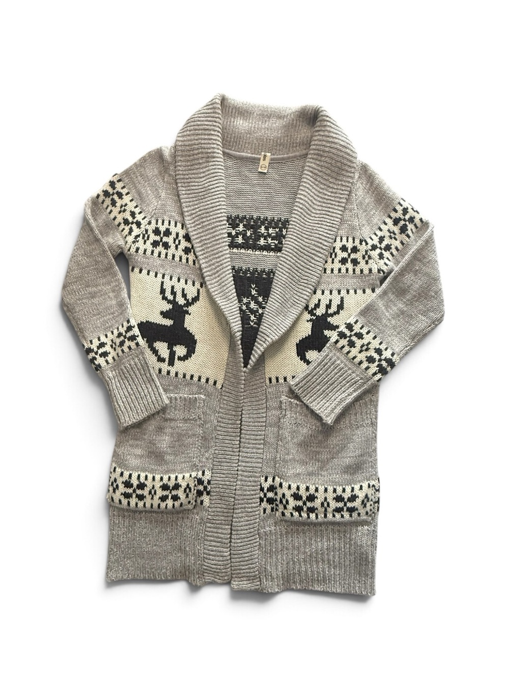 Bluenotes Gray Knit Deer Cowichan Shawl Cardigan Sweater Women's Size S GUC